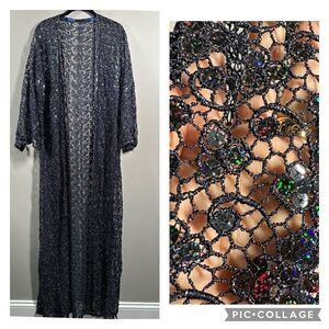 Open knit crochet sequin navy blue open front floor length duster cardigan jacke